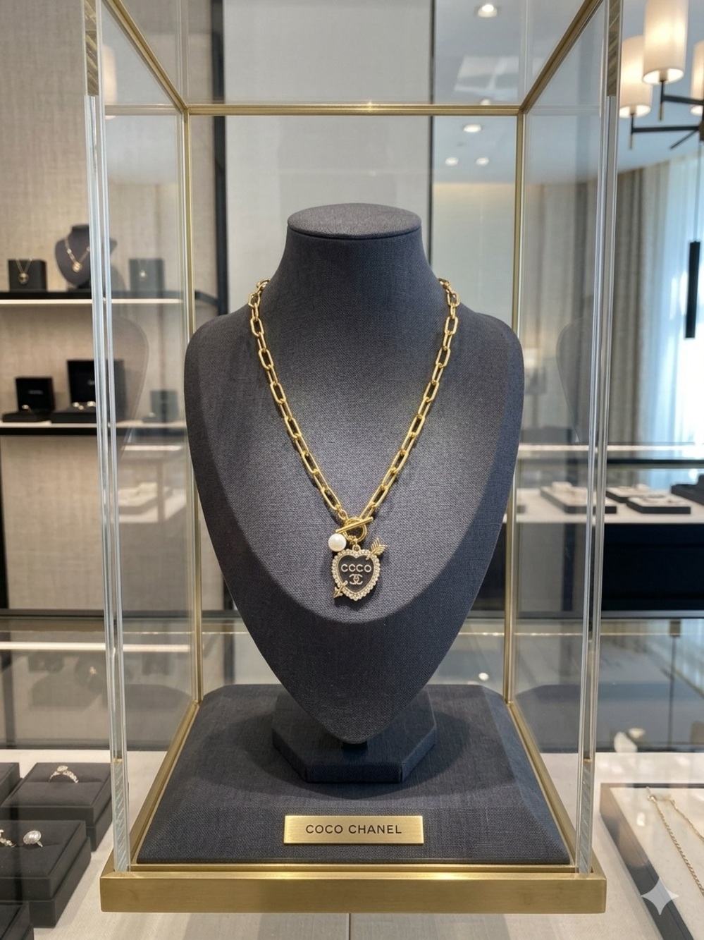 ChaneI Gold Link Necklace with Black Heart Charm